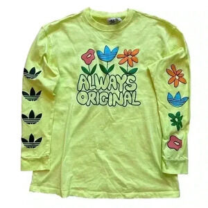 Adidas Always Original Graphic Long Sleeve Highlighter Yellow Flower Shirt XS